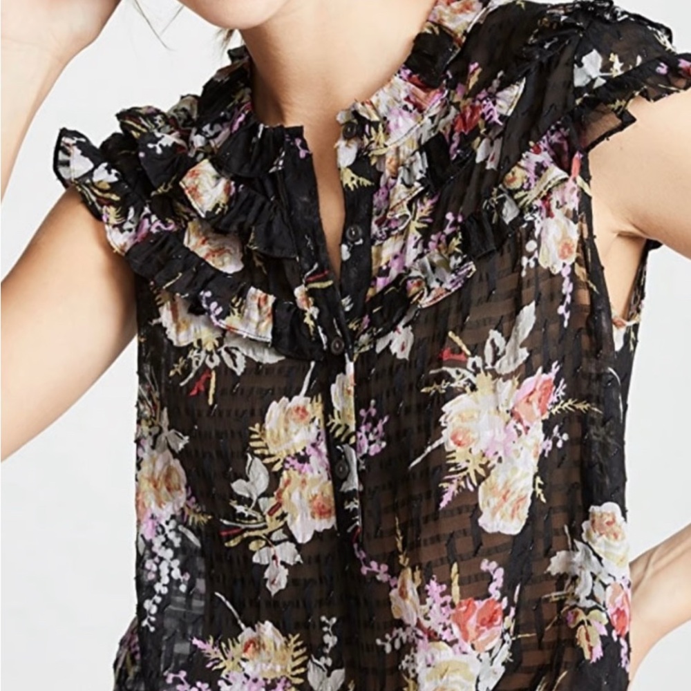 Rebecca Taylor Black Floral Silk Boho Ruffle Lace Bib Designer Top Women 00 XXS